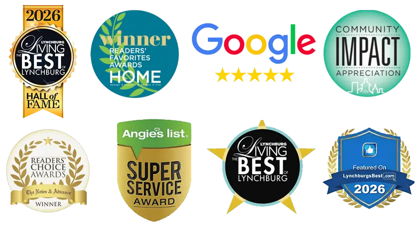 Collage of award badges: Living Best Lynchburg, Google five-star, Angie's List Super Service, Readers' Choice and community impact awards.