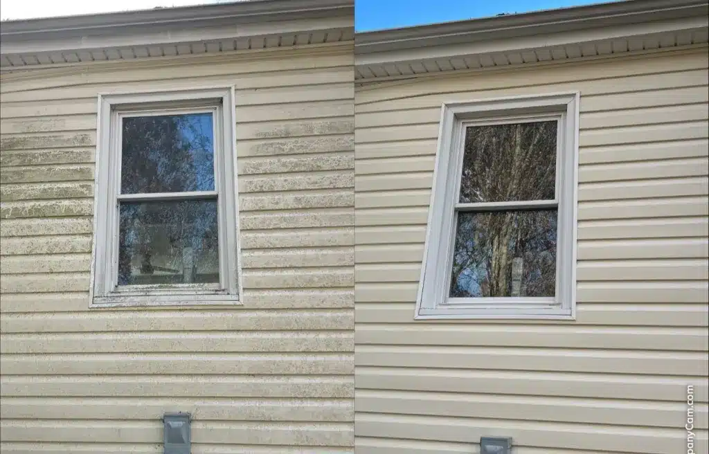 Before-and-after view of a home's exterior siding cleaned using soft washing. The "before" side shows dirty siding with green algae, while the "after" side shows clean, bright siding after soft washing.